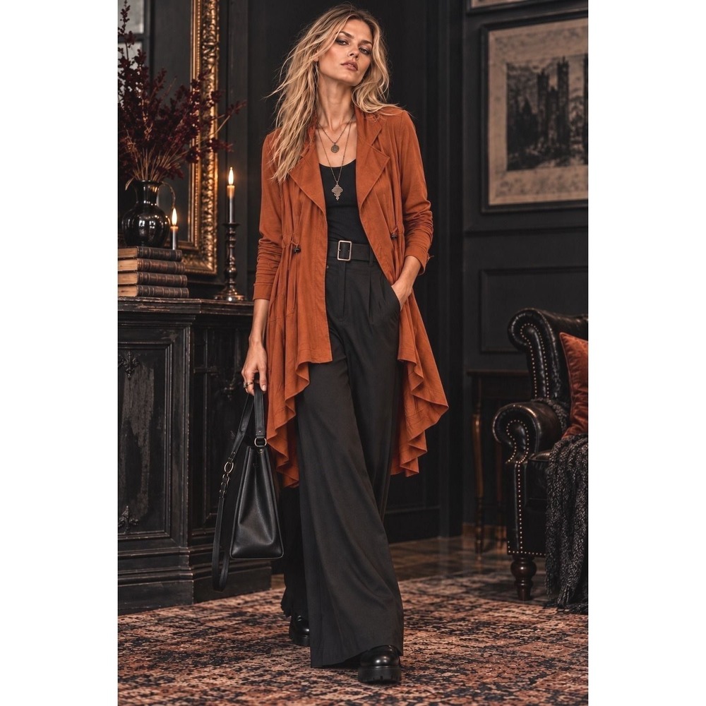 Soft Surroundings M Rust Tencel Mixed Media Duster Jacket High Low